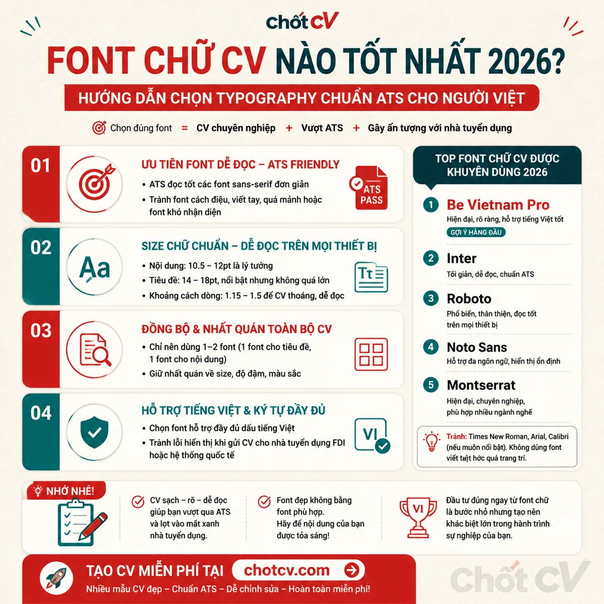 Best CV Fonts 2026 — ATS-Safe Typography Guide for Vietnamese Job Seekers